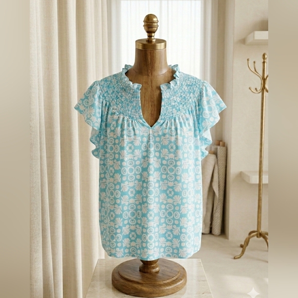 Ann Taylor Tops - Ann Taylor Turquoise & White Printed Flutter Sleeve Blouse – XXL